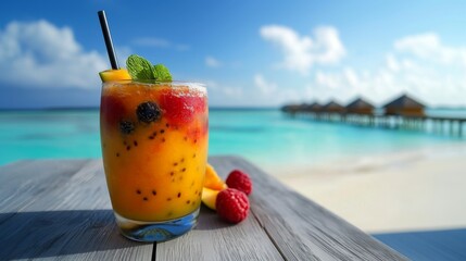 Obraz premium Refreshing fruit cocktail served in a glass against the stunning backdrop of the maldives