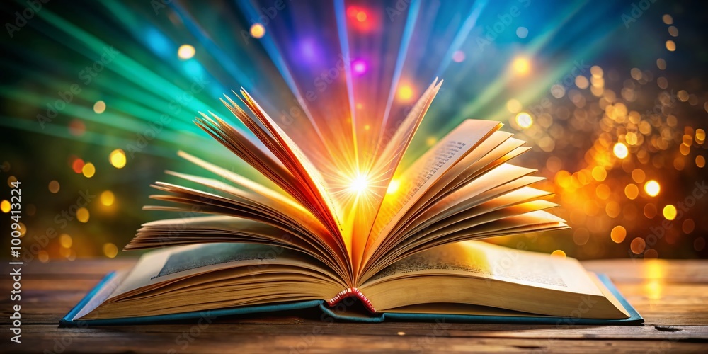 Poster open book with light shining from pages, symbolizing the quest for knowledge and enlightenment