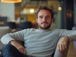 Obraz premium A young man with a beard relaxing in a modern office setting.