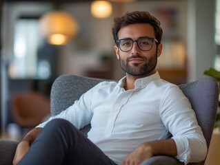 Naklejka premium A young man with glasses sitting comfortably in a modern office chair, taking a break from work.