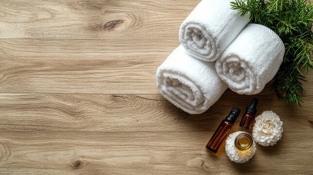 Spa essentials including fluffy towels and essential oils set on a wooden surface in a calming leisure environment