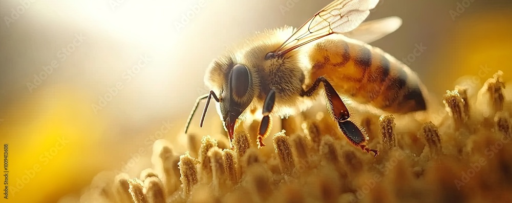 Poster macro honeybee on sunflower in sharp focus