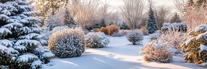 garden filled with winter-hardy perennials and evergreen plants, dusted with snow, looking serene yet vibrant
