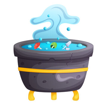 recommend clip art: Halloween magic witch cartoon pot with boiling poison potion isolated on white