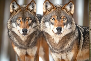 Fototapeta premium A pair of wolves standing in a snowy forest, their fur blending into the winter landscape as they look out over their natural territory