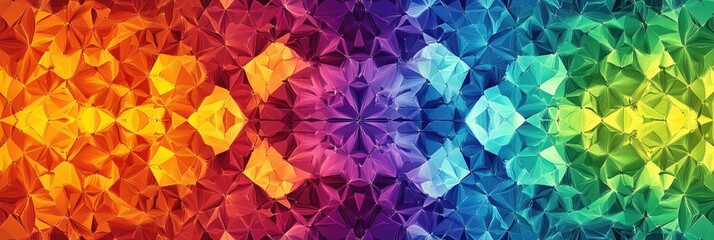 A kaleidoscopic rainbow pattern, with repeating symmetrical shapes and vivid colors