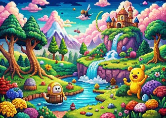 Pixel Art Adventure Time Scene Featuring Colorful Characters, Magical Creatures, and Enchanting Landscapes