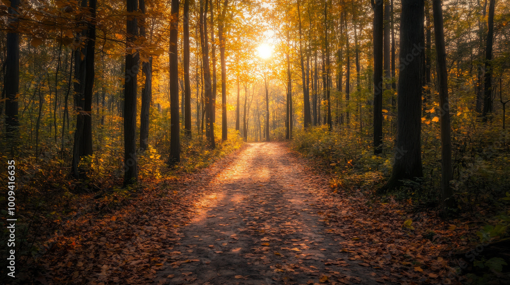 Poster sunlight filters through trees illuminating an autumn path covered in fallen leaves in a serene fore