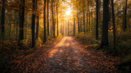 Obraz premium Sunlight filters through trees illuminating an autumn path covered in fallen leaves in a serene forest setting