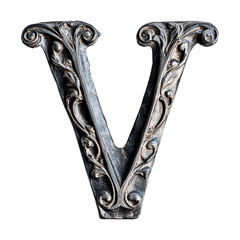 Gothic Wrought Iron Letter V with Ornate Floral Design on Transparent Background