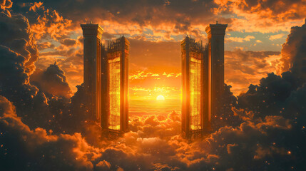A symbolic and dramatic image of large, glowing gates closing in the sky at sunset, representing the end of Yom Kippur and the closing of the Book of Life.