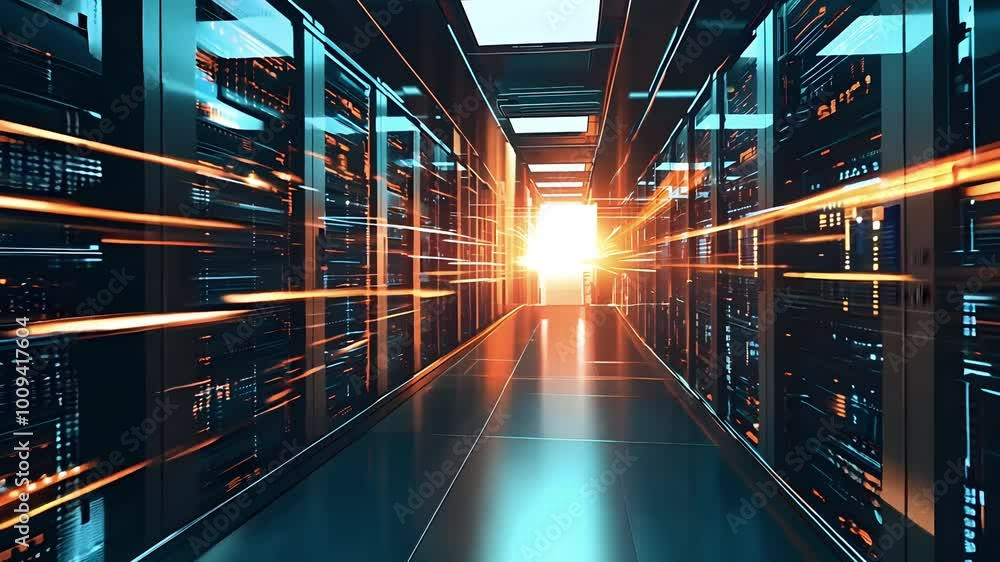 Poster a vibrant data center with glowing server racks and beams of light towards a bright exit creates a f