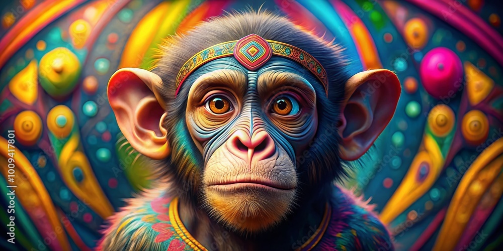 Poster playful cartoon monkey in russian style with colorful background and whimsical expression design