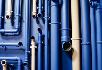 Blue pipe maze on a  wall. Glamour indastrial background.