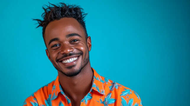 A smiling man with a colorful shirt and hat poses against a vibrant blue and orange backdrop in an engaging portrait