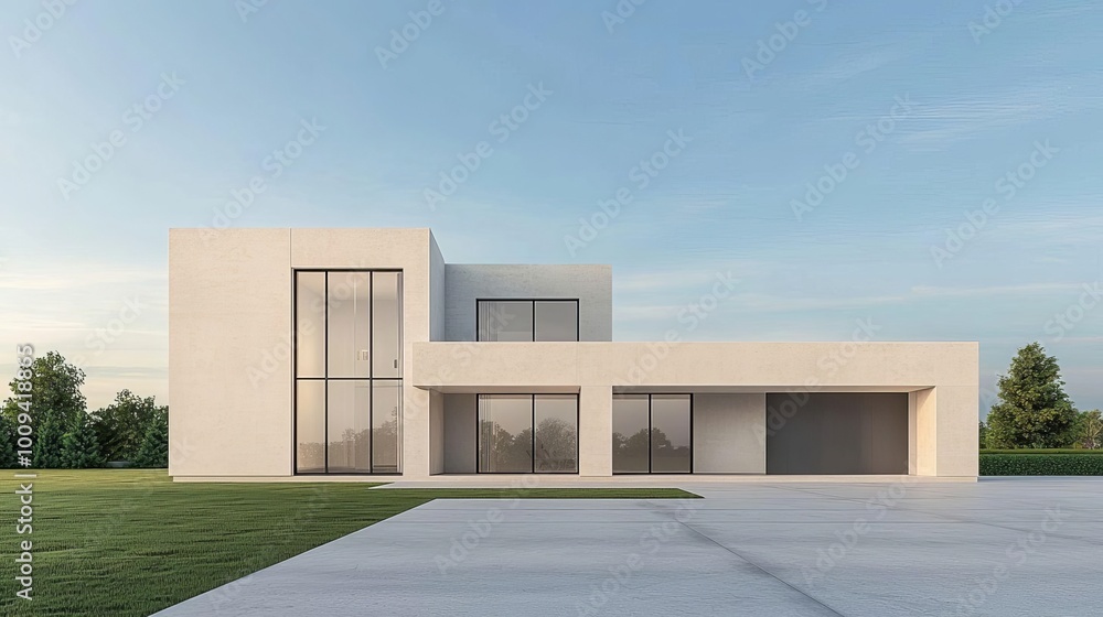 Poster minimalist home design with exposed concrete and large windows in a modern suburban setting
