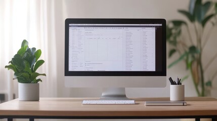 Modern Office Setup with Computer, Plants, and Workspace