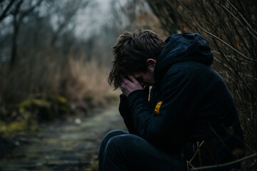 Image of a person sitting outdoors with their head in their hands