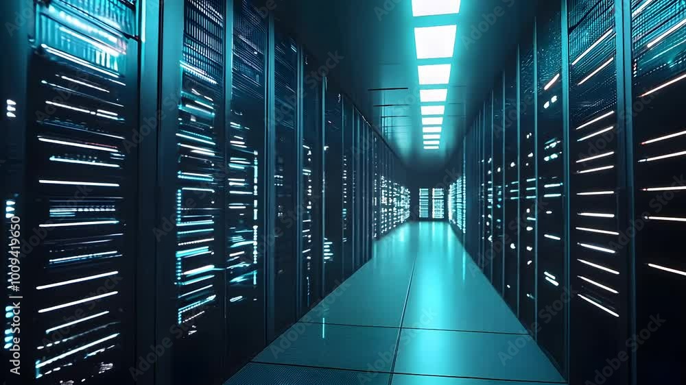 Poster vibrant server room with illuminated racks, showcasing advanced technology in a sleek, modern settin
