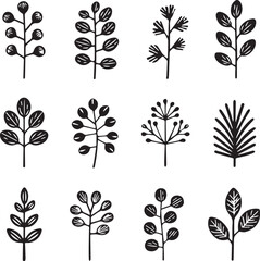 A minimalist black-and-white illustration of twelve hand-drawn plant sprigs. 