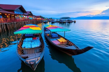 Obraz premium A peaceful scene of floating market boats tied to the dock, with vibrant umbrellas providing shade over the goods, while the sun sets over the horizon