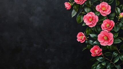 Pink Camellia flowers with green leaves on a black background.
