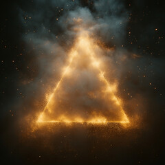 una piramide de humo hecha por laser de color blanco con tonos dorados