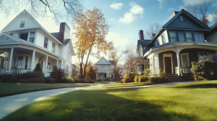 Obraz premium Picturesque neighborhood with charming houses and autumn trees under clear blue sky 