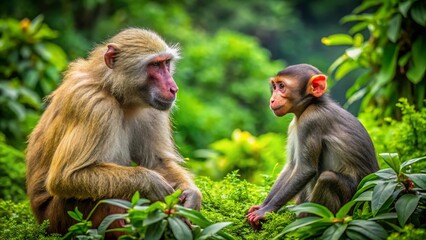 Fototapeta premium Playful Monkey and Baboon Interacting in a Natural Habitat of Vibrant Greenery and Trees