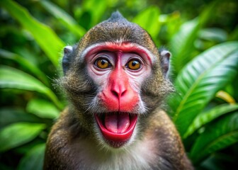 Obraz premium Playful Monkey with Bright Red Lips Posing for the Camera in a Lush Green Jungle Environment