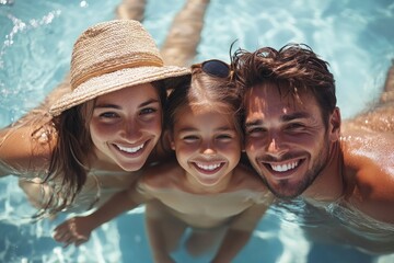 Family enjoying summer holidays in pool, Generative AI