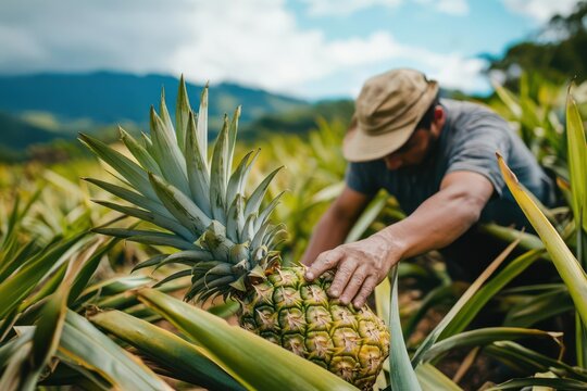 A farmer harvesting a ripe pineapple in a lush field under a blue sky.