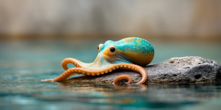 An octopus is sitting on a rock in the water.
