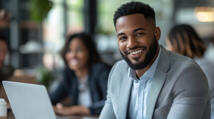 Fototapeta premium Businessman giving demonstrating on laptop to colleagues, Generative AI