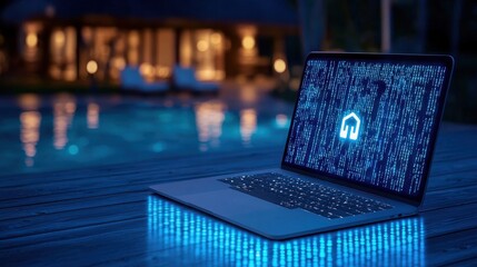 A laptop displaying digital security symbols, illuminated by blue light near a swimming pool at night.