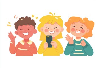 diverse friends smiling and waving, holding a phone in their hands on a white background The characters have a cute, cartoonish appearance Generative AI