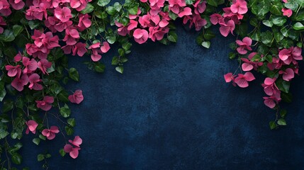 Fototapeta premium Pink Flowers and Green Leaves Frame on Blue Background.