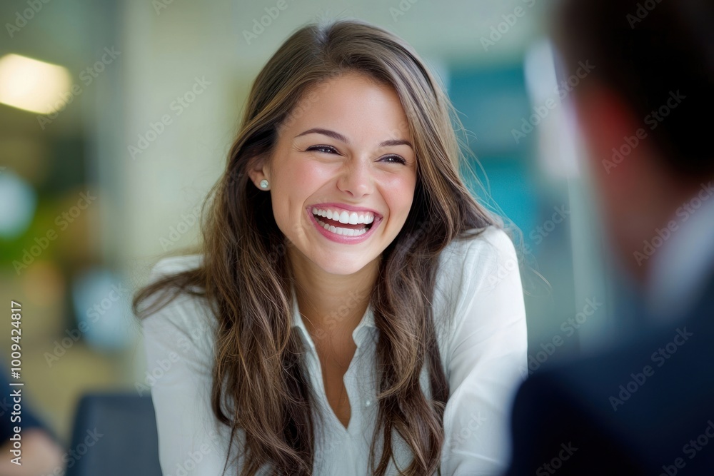 Wall mural Happy businesswoman happy laughing office.