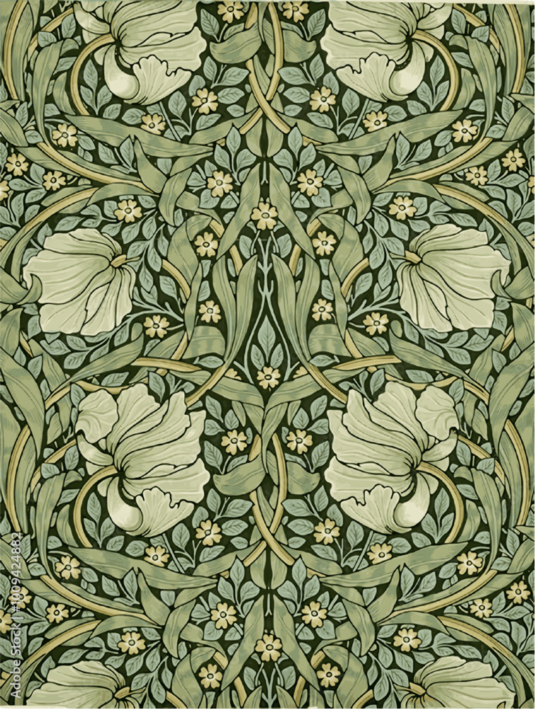 Wall mural art nouveau floral pattern in green and white. elegant botanical design with stylized flowers and le