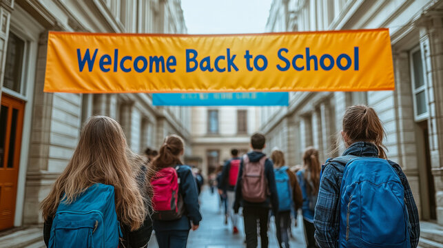 Students walking toward a colorful welcome back to school banner in a bustling hallway filled with peers in a school building