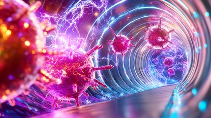 Fototapeta premium Vibrant abstract representation of viruses traveling through glowing tunnel, showcasing dynamic energy and colorful details. image evokes sense of movement and scientific exploration