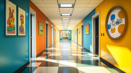 Brightly colored hallway decorated with cartoon art in a modern educational center during daylight hours