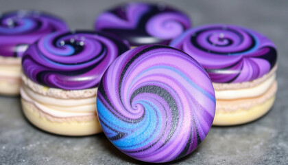 Vibrant galaxy-themed macarons featuring starry designs in shades of blue and purple, creating a cosmic dessert experience. Perfect for themed parties or creative pastry displays.


