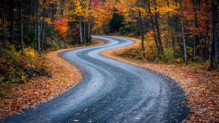 Fototapeta premium Winding gravel road surrounded by colorful autumn foliage in a tranquil forest setting during late afternoon
