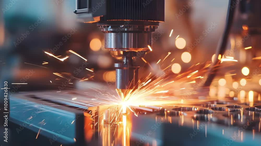 Poster a laser cutting machine processes metal, creating bright sparks and showcasing the precision of mode