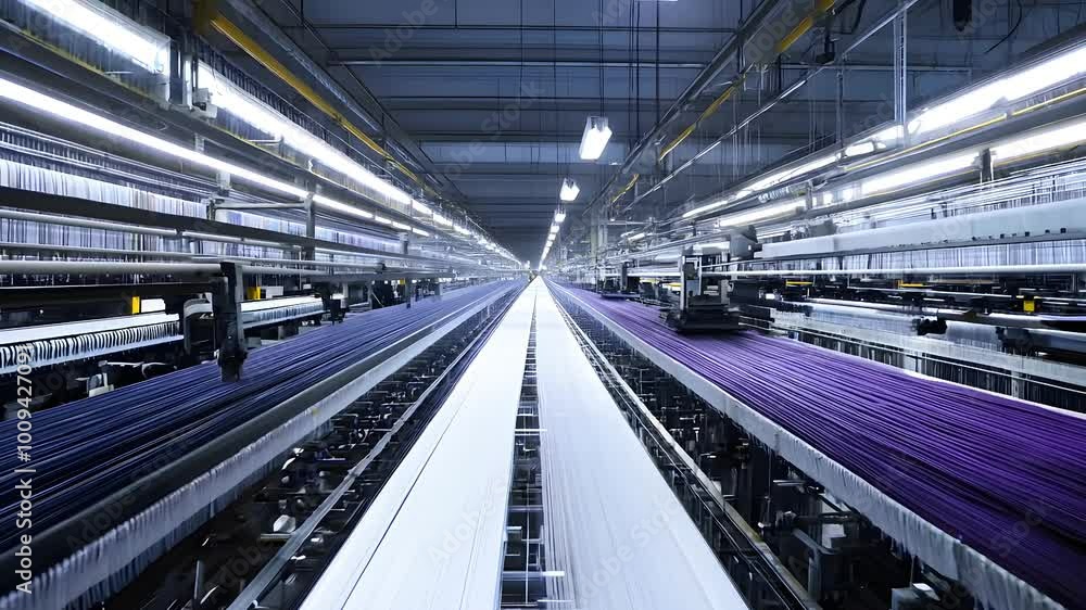 Poster a modern textile factory showcasing long rows of weaving machines producing vibrant threads in purpl