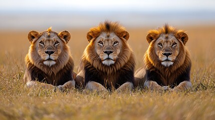 Three majestic male lions lie in the tall grass, gazing directly at the camera.