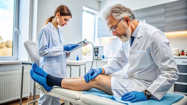 Professional Phlebologist Examining Varicose Veins with Medical Equipment in a Modern Clinic Setting