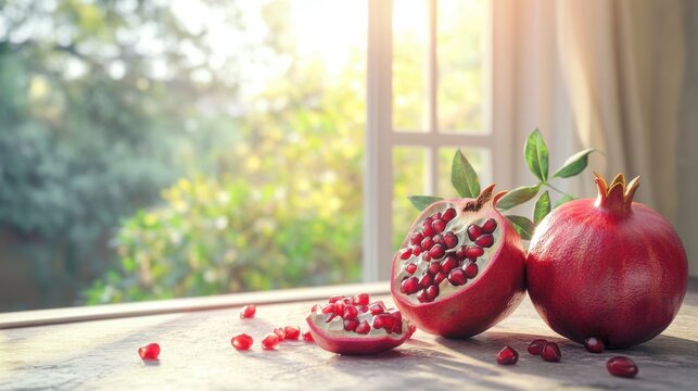 Fototapeta Fresh pomegranate seeds spilling onto a stone countertop, with a sunny garden outside the window