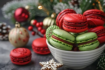 A bowl of festive red and green macarons, on a table with Christmas decorations